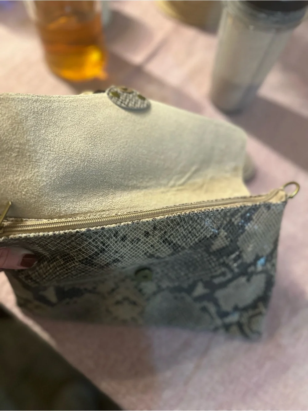 Snake-Print Tassel Envelope Clutch in Beige